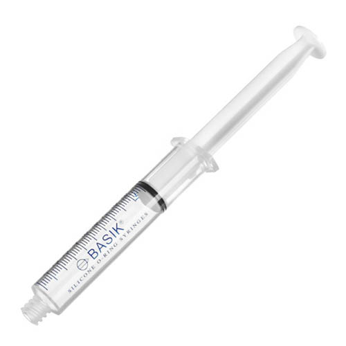 Enfit tip style syringe with a silicone o ring. Blue lettering, clear barrel, white plunger.